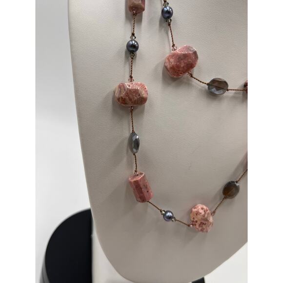 Margo Morrison Rhodochrosite Grey Coated Moonstone and Pearl Crystal Necklace - Picture 6 of 14
